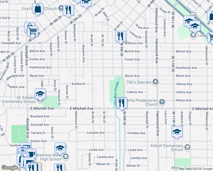 map of restaurants, bars, coffee shops, grocery stores, and more near 1829 W 7th St in Waterloo