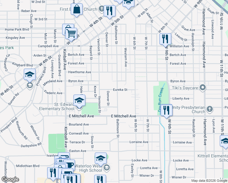 map of restaurants, bars, coffee shops, grocery stores, and more near 1409-1411 Denver Street in Waterloo