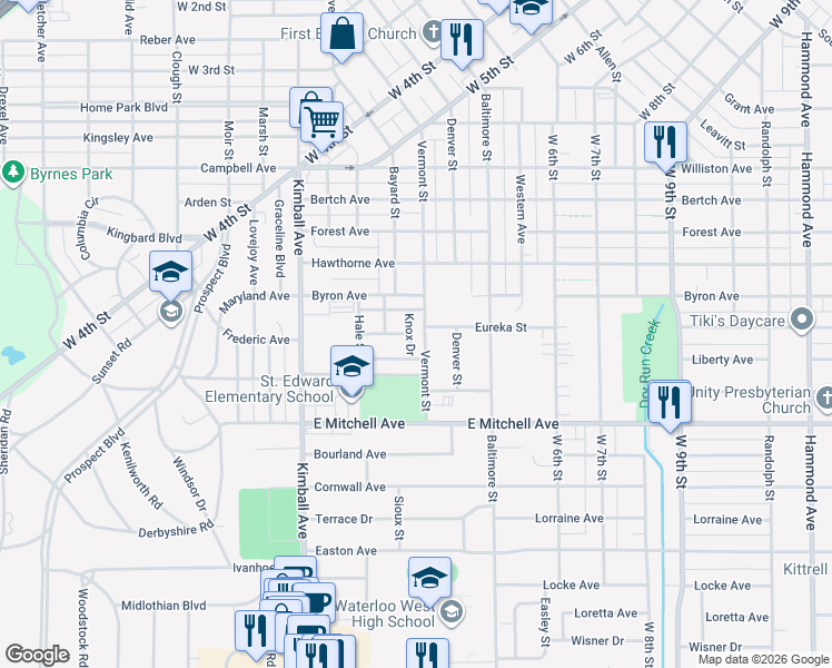 map of restaurants, bars, coffee shops, grocery stores, and more near 1327 Vermont Street in Waterloo