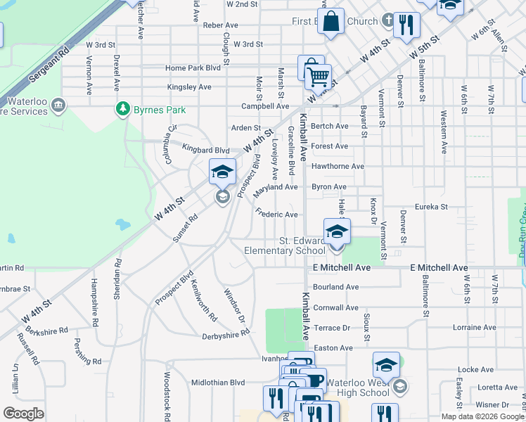 map of restaurants, bars, coffee shops, grocery stores, and more near 115 Hillside Avenue in Waterloo