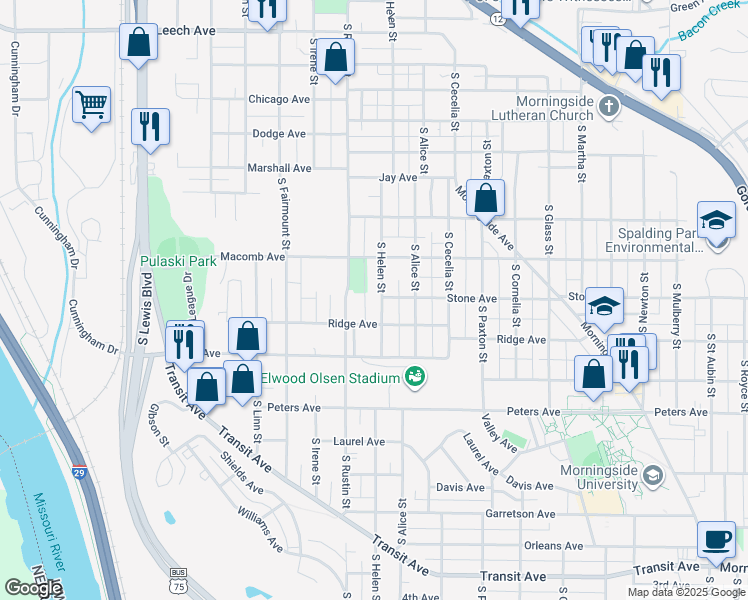 map of restaurants, bars, coffee shops, grocery stores, and more near 2909 Ridge Avenue in Sioux City
