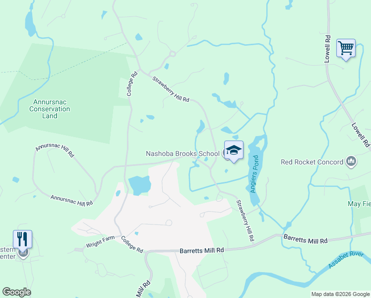map of restaurants, bars, coffee shops, grocery stores, and more near 53 Annursnac Hill Road in Concord