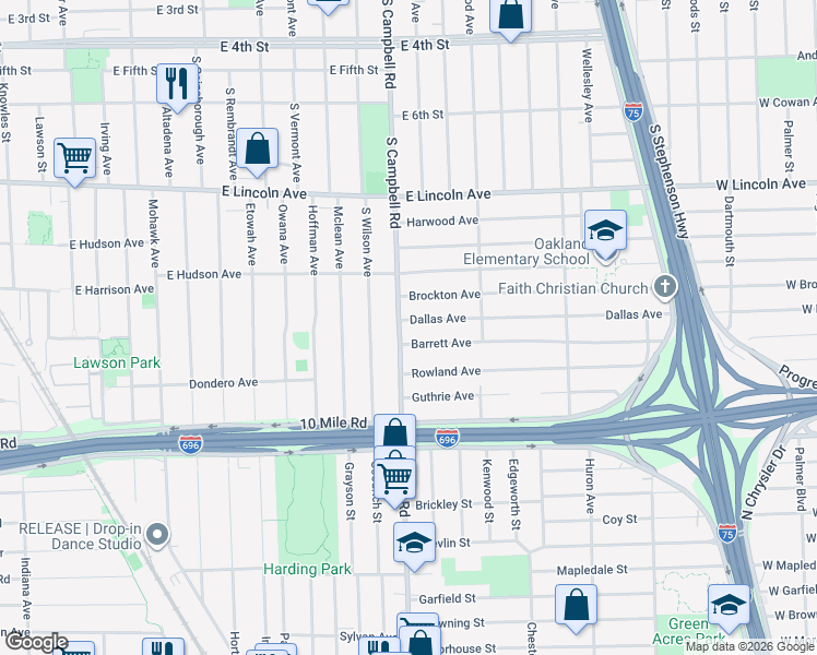 map of restaurants, bars, coffee shops, grocery stores, and more near 1318 South Campbell Road in Royal Oak