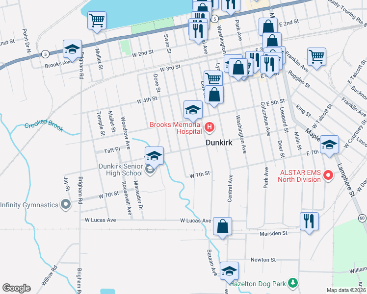 map of restaurants, bars, coffee shops, grocery stores, and more near 619 Swan Street in Dunkirk