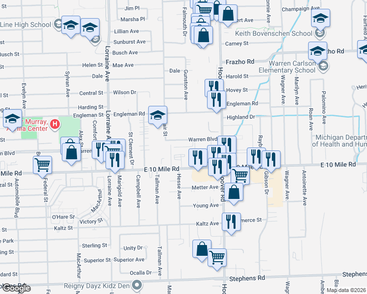 map of restaurants, bars, coffee shops, grocery stores, and more near 11451 East 10 Mile Road in Warren