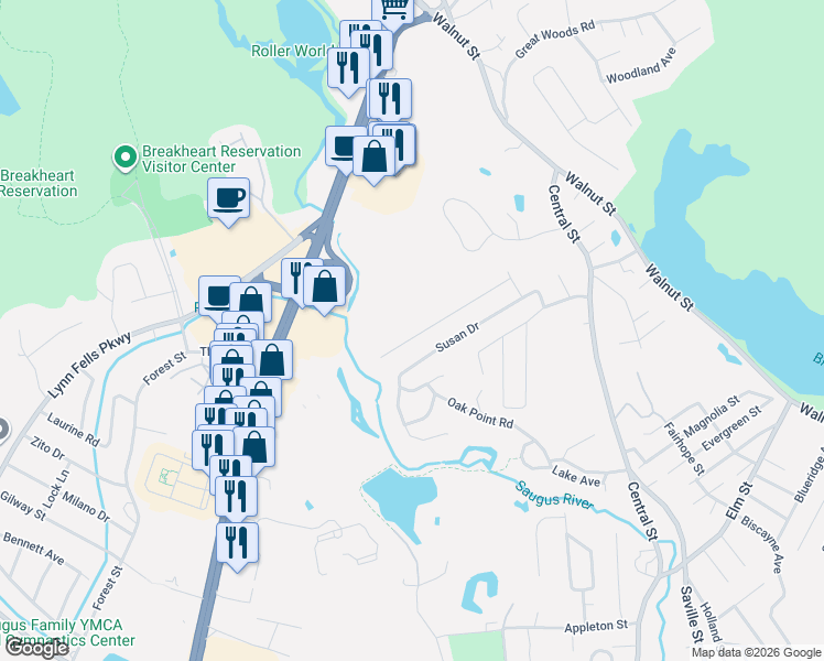 map of restaurants, bars, coffee shops, grocery stores, and more near 48 David Drive in Saugus