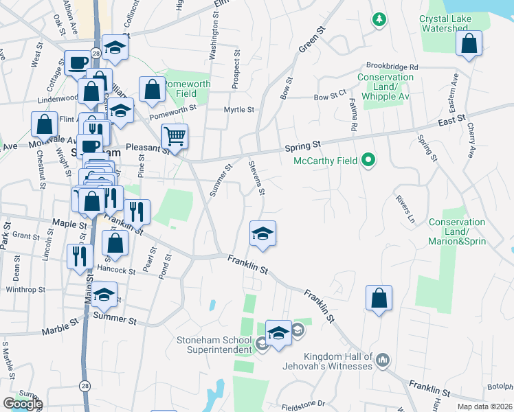 map of restaurants, bars, coffee shops, grocery stores, and more near 28 Stevens Street in Stoneham