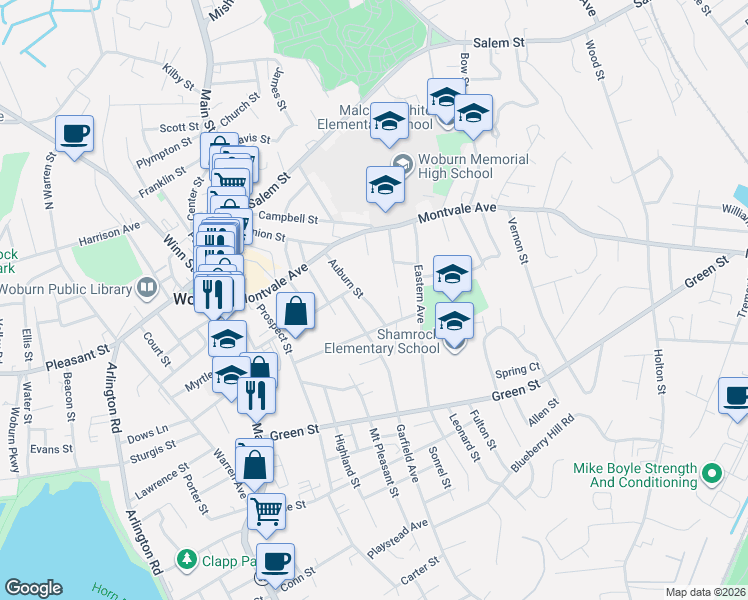 map of restaurants, bars, coffee shops, grocery stores, and more near 20 Garfield Avenue in Woburn