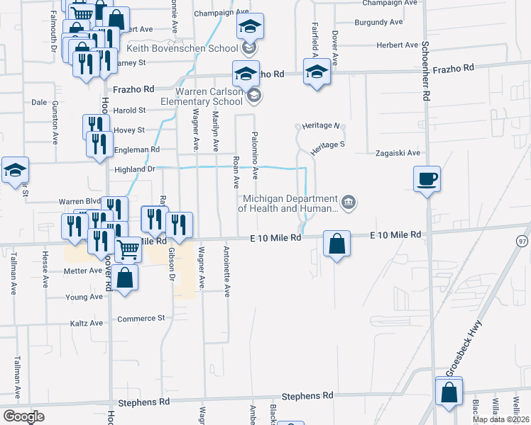 map of restaurants, bars, coffee shops, grocery stores, and more near 25008 Palomino Avenue in Warren