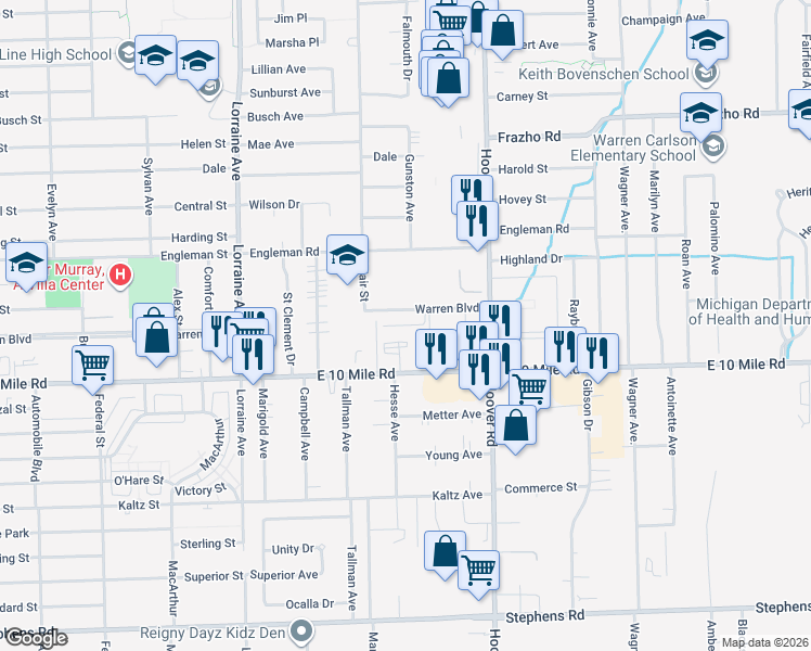 map of restaurants, bars, coffee shops, grocery stores, and more near 11451 East 10 Mile Road in Warren