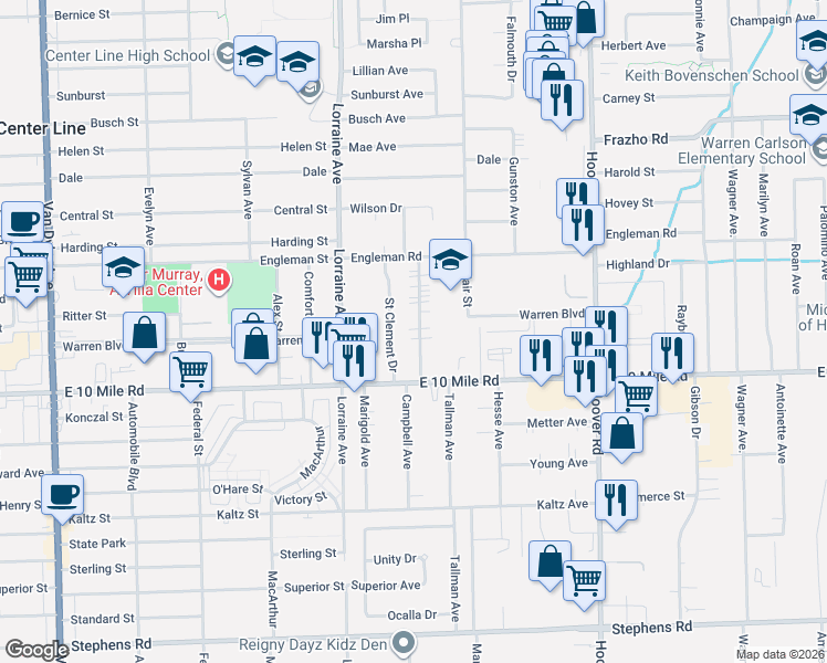 map of restaurants, bars, coffee shops, grocery stores, and more near 25051 Campbell Avenue in Warren