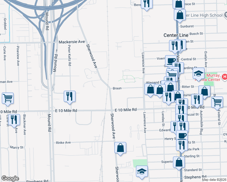 map of restaurants, bars, coffee shops, grocery stores, and more near 6497 East 10 Mile Road in Center Line