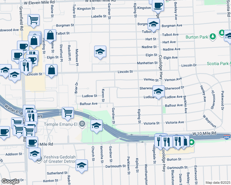 map of restaurants, bars, coffee shops, grocery stores, and more near 14095 Ludlow Street in Oak Park