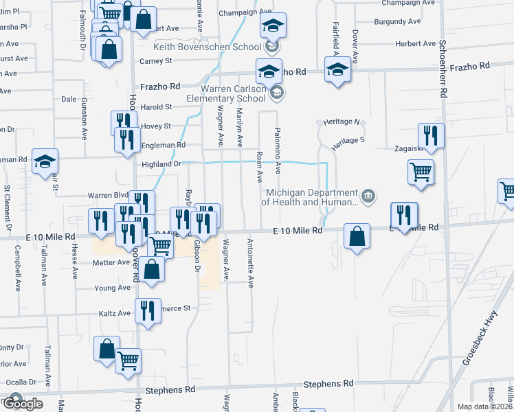 map of restaurants, bars, coffee shops, grocery stores, and more near 25024 Roan Drive in Warren