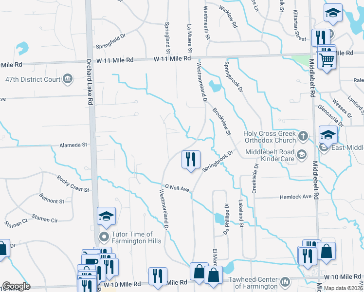 map of restaurants, bars, coffee shops, grocery stores, and more near 25118 Westmoreland Drive in Farmington Hills