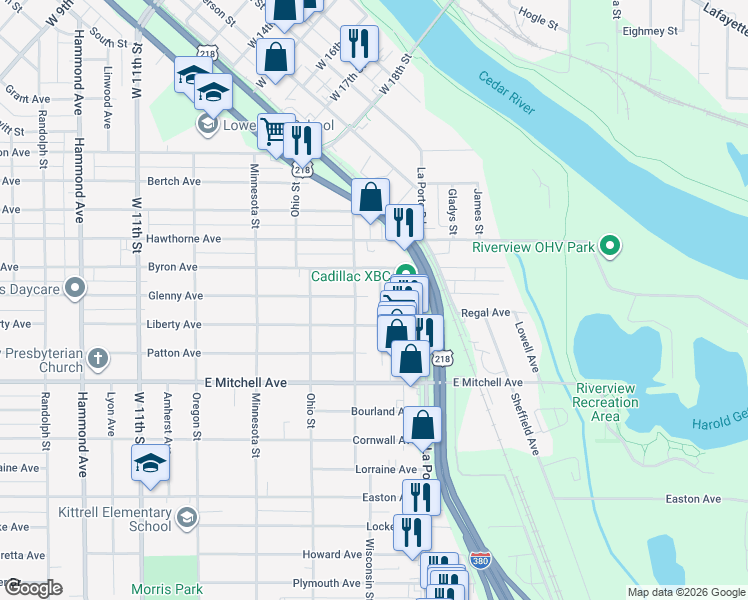 map of restaurants, bars, coffee shops, grocery stores, and more near 1919 Liberty Ave in Waterloo