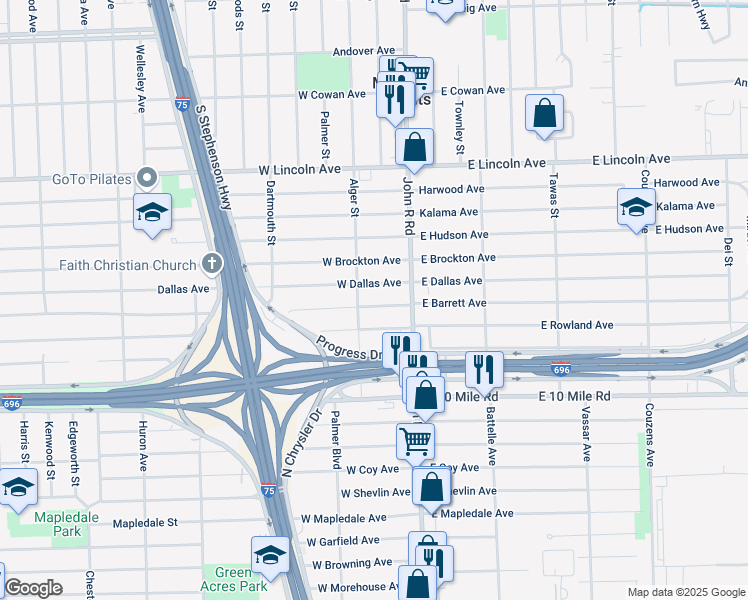 map of restaurants, bars, coffee shops, grocery stores, and more near 86 West Barrett Avenue in Madison Heights
