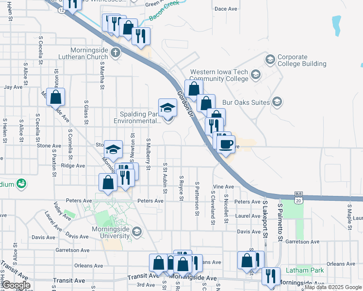 map of restaurants, bars, coffee shops, grocery stores, and more near 4101 Stone Avenue in Sioux City