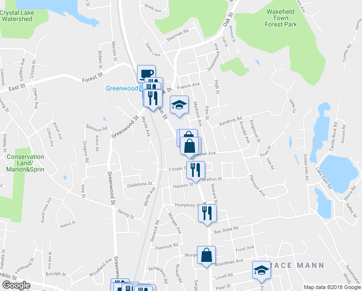 map of restaurants, bars, coffee shops, grocery stores, and more near 1080 Main Street in Wakefield