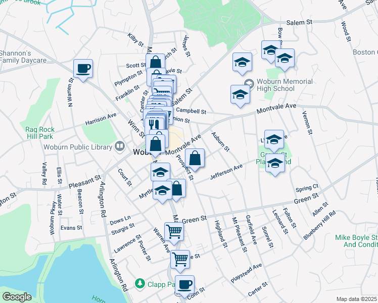 map of restaurants, bars, coffee shops, grocery stores, and more near 47 Montvale Avenue in Woburn