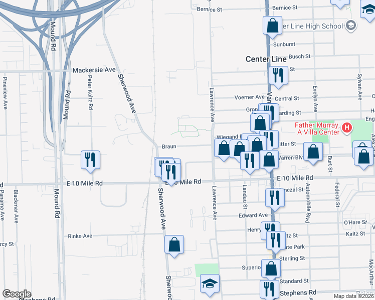 map of restaurants, bars, coffee shops, grocery stores, and more near 6861 Braun in Center Line
