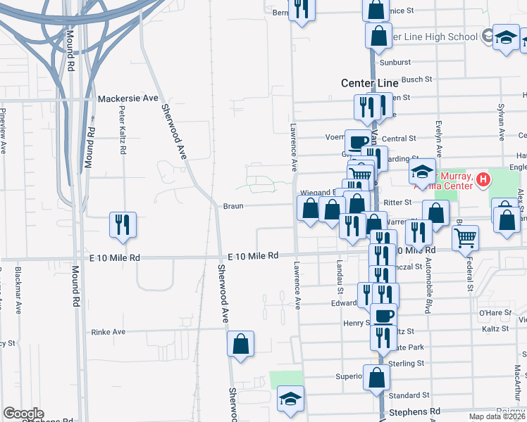 map of restaurants, bars, coffee shops, grocery stores, and more near 6861 Braun in Center Line
