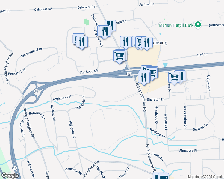 map of restaurants, bars, coffee shops, grocery stores, and more near T8B Seven Mile Drive in Ithaca