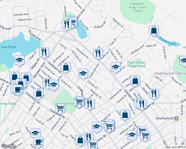 map of restaurants, bars, coffee shops, grocery stores, and more near 87 Oakwood Avenue in Lynn