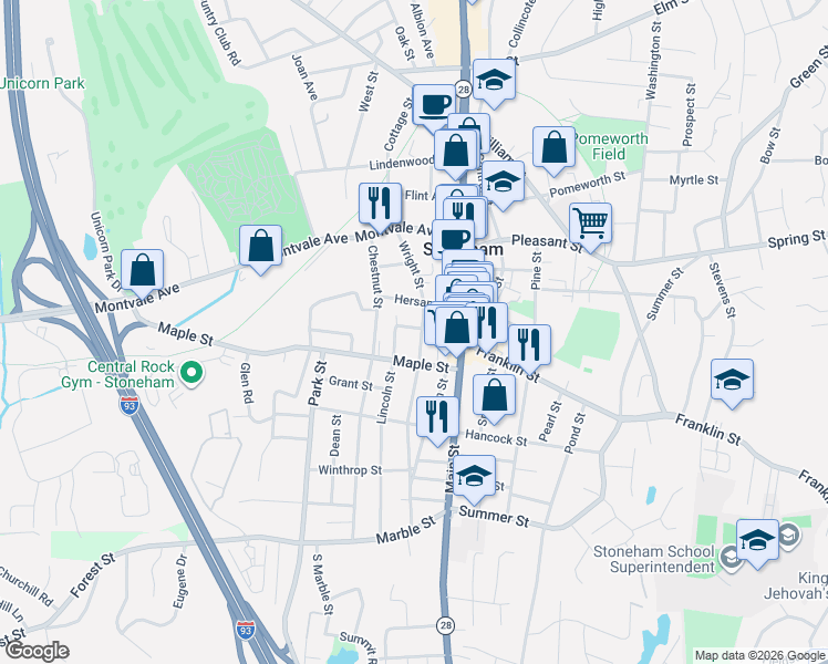 map of restaurants, bars, coffee shops, grocery stores, and more near 12 Hersam Street in Stoneham