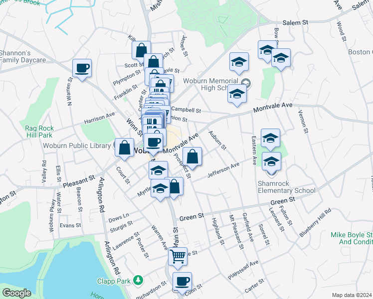map of restaurants, bars, coffee shops, grocery stores, and more near 47 Montvale Avenue in Woburn
