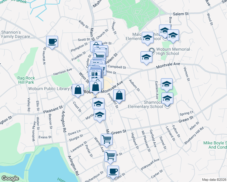 map of restaurants, bars, coffee shops, grocery stores, and more near 42 Walnut Street in Woburn