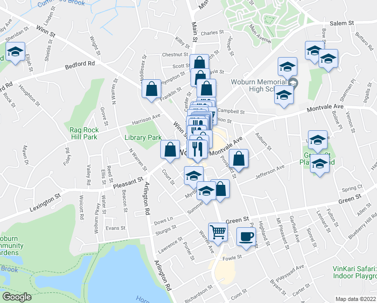 map of restaurants, bars, coffee shops, grocery stores, and more near in Woburn