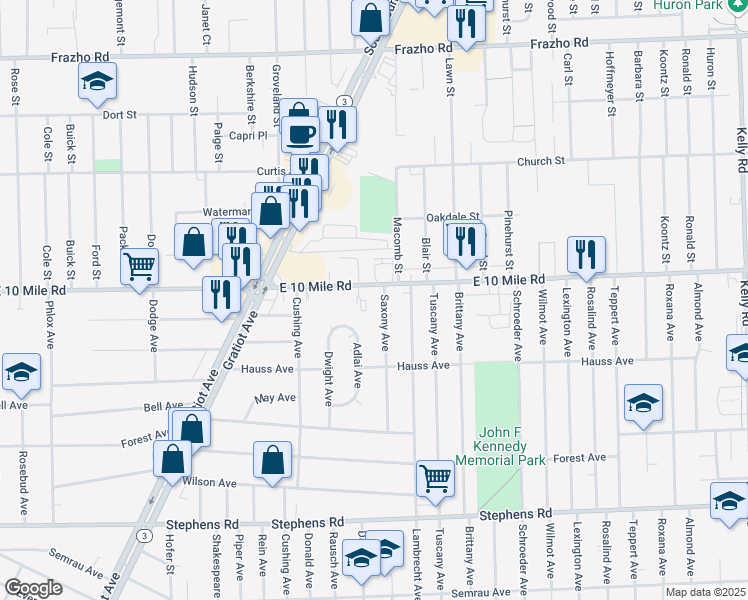 map of restaurants, bars, coffee shops, grocery stores, and more near 17425 East 10 Mile Road in Eastpointe