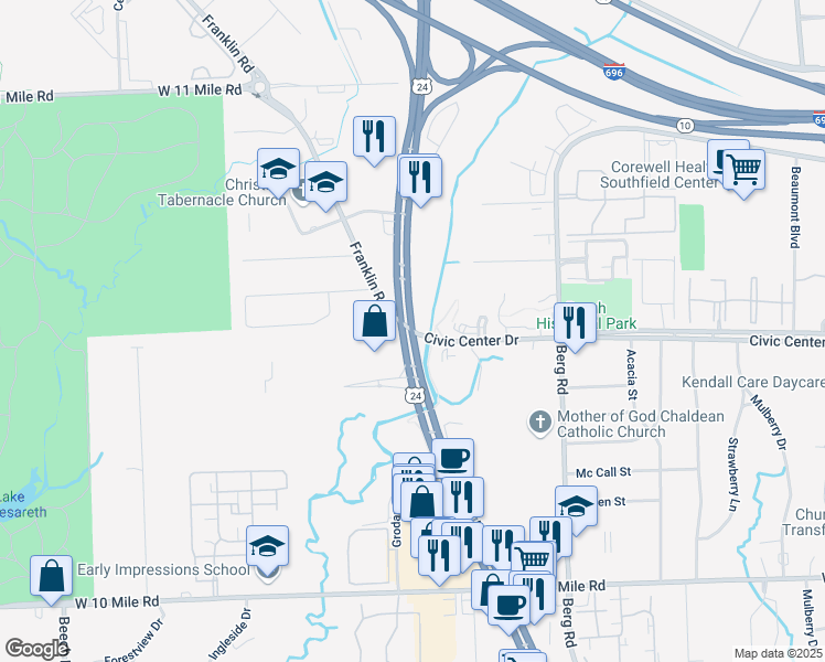map of restaurants, bars, coffee shops, grocery stores, and more near 25998 Telegraph Road in Southfield