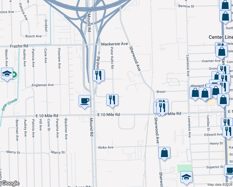 map of restaurants, bars, coffee shops, grocery stores, and more near 25427 Sherwood Avenue in Warren