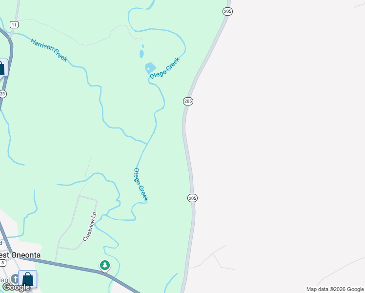 map of restaurants, bars, coffee shops, grocery stores, and more near Highway 205 in Oneonta