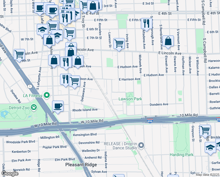 map of restaurants, bars, coffee shops, grocery stores, and more near 1210 Morse Avenue in Royal Oak