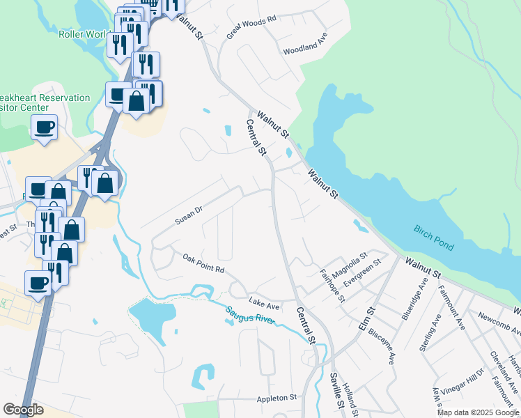 map of restaurants, bars, coffee shops, grocery stores, and more near 63 1/2 Central Street in Saugus