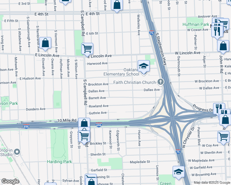 map of restaurants, bars, coffee shops, grocery stores, and more near 2020 Dallas Avenue in Royal Oak