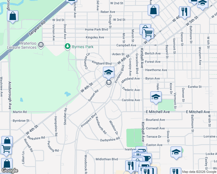 map of restaurants, bars, coffee shops, grocery stores, and more near 201 Sunset Road in Waterloo