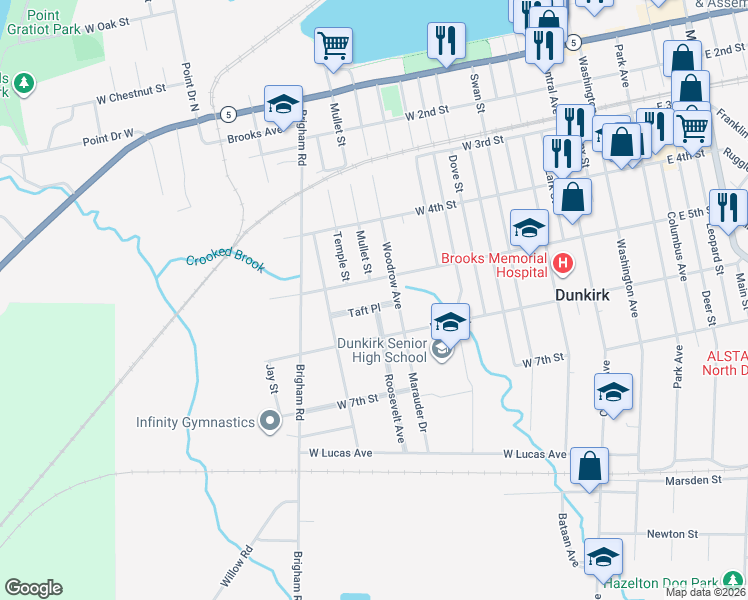 map of restaurants, bars, coffee shops, grocery stores, and more near 501 Woodrow Avenue in Dunkirk