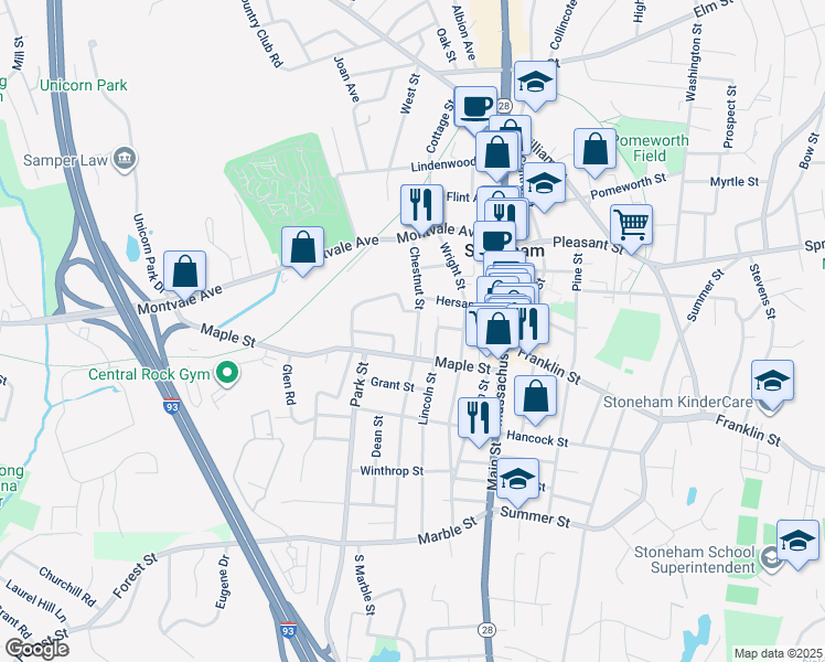 map of restaurants, bars, coffee shops, grocery stores, and more near 31 Chestnut Street in Stoneham