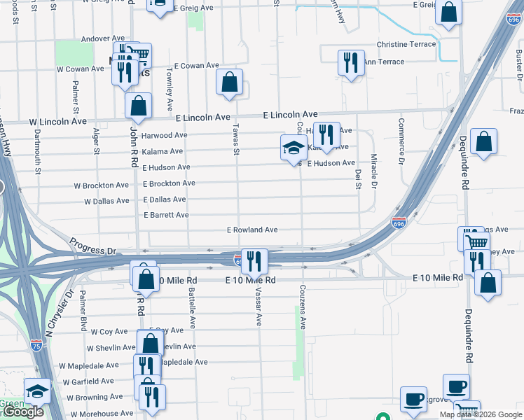 map of restaurants, bars, coffee shops, grocery stores, and more near 885 East Dallas Avenue in Madison Heights