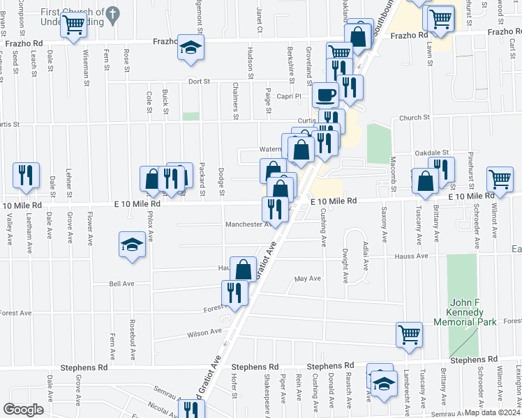 map of restaurants, bars, coffee shops, grocery stores, and more near 16514 East 10 Mile Road in Eastpointe