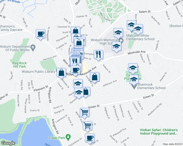 map of restaurants, bars, coffee shops, grocery stores, and more near 47 Montvale Avenue in Woburn