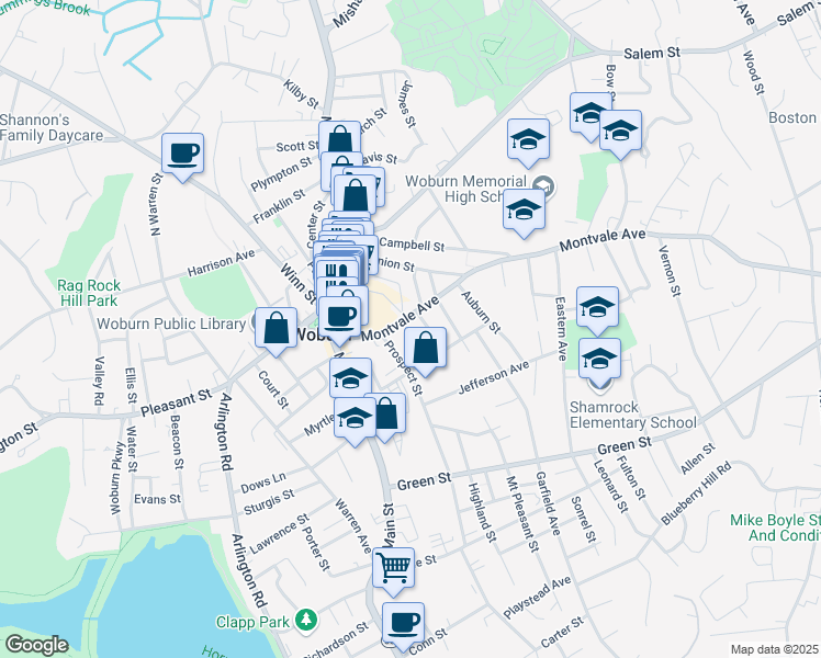 map of restaurants, bars, coffee shops, grocery stores, and more near 42 Walnut Street in Woburn