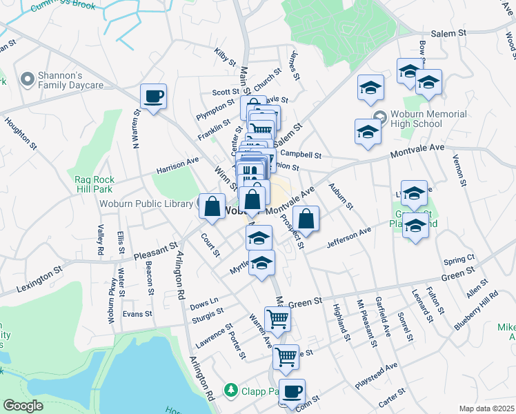 map of restaurants, bars, coffee shops, grocery stores, and more near 415 Main Street in Woburn