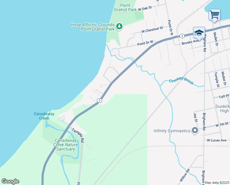 map of restaurants, bars, coffee shops, grocery stores, and more near 437 Lake Shore Drive West in Dunkirk