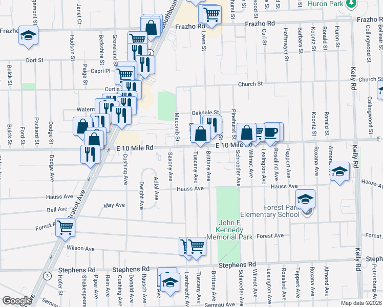 map of restaurants, bars, coffee shops, grocery stores, and more near 17563 East 10 Mile Road in Roseville
