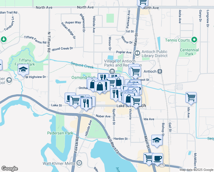 map of restaurants, bars, coffee shops, grocery stores, and more near 481 Orchard Street in Antioch